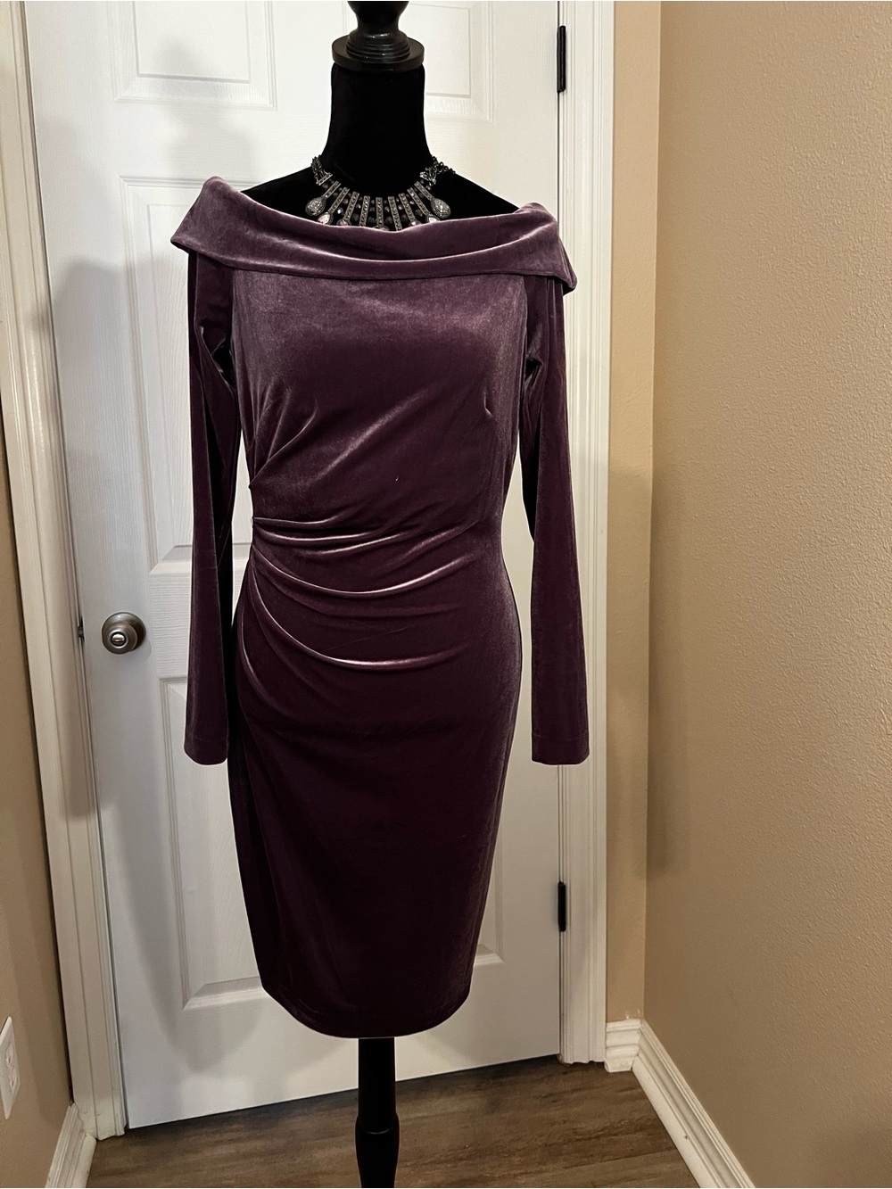 Eliza J Velvet Off-the-Shoulder Long Sleeve Dress in Plum